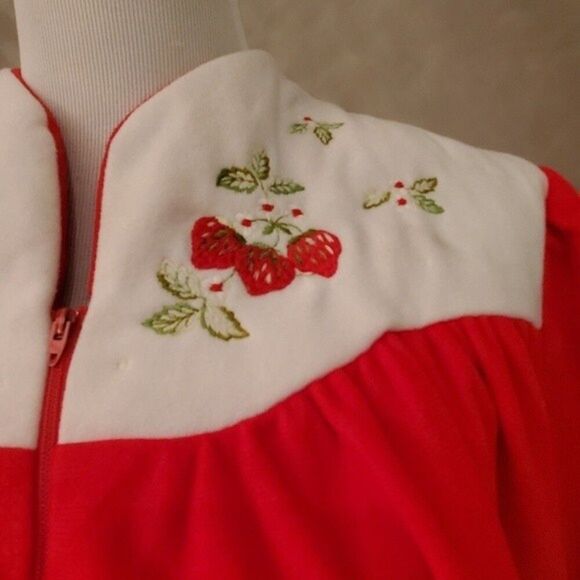 Katz Vintage 70's Embroidered Strawberries Christmas Red Zip Front Robe Size XL - Picture 6 of 12